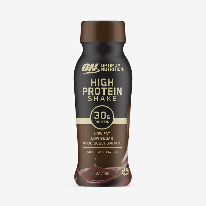 Optimum Nutrition High Protein Shake Chocolate 375mL bottle with black and brown label showing 30 g protein and low sugar