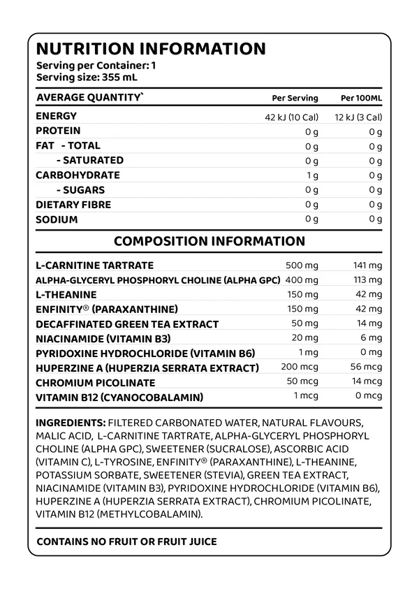 Nutrition panel for OxyShred Infinity Sparkling Apple showing 355mL can with 500mg L-Carnitine, 400mg Alpha GPC, and 150mg L-Theanine