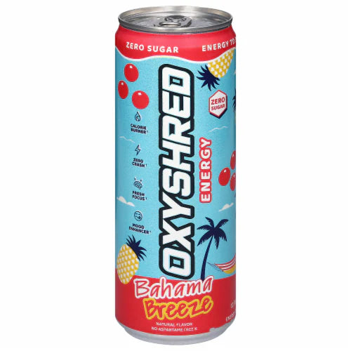 EHP Labs OxyShred Ultra Energy Bahama Breeze 355mL can with tropical blue design and zero sugar thermogenic energy formula