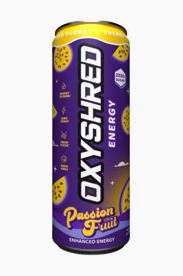 EHP Labs OxyShred Ultra Energy Passionfruit 355mL can with purple label providing 113mg caffeine and clean fat-burning support