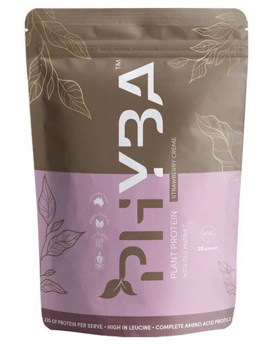 PHYBA Plant Protein Strawberry Crème 900g pouch with pink label and 30 serves of plant-based protein