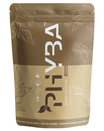 PHYBA Plant Protein Vanilla 900g bag with gold label and 30 serves of vegan protein with Gut Matrix