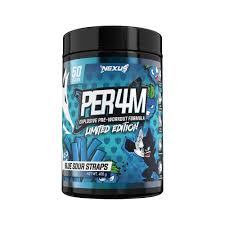 Front view of Per4M Pre Workout tub in Blue Sour Straps flavour with branding and label