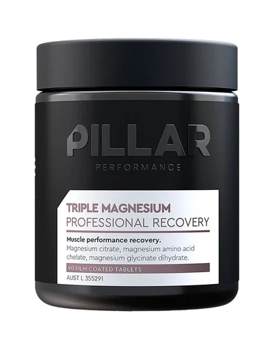 A black plastic container of Pillar Performance Triple Magnesium Professional Recovery with a white and purple label.