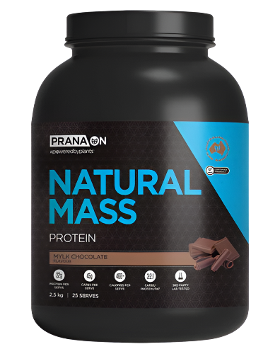 Prana ON Natural Mass 2.5kg Protein powder tub in milk chocolate flavour featuring blue and black label with plant-based nutrition details