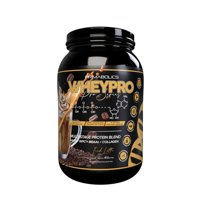 Front view of Primabolics WheyPro protein powder tub in Iced Latte flavour with branding and label