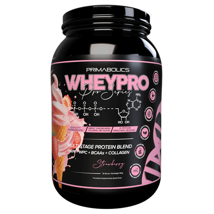 Front view of Primabolics WheyPro protein powder tub in Strawberry flavour with branding and label