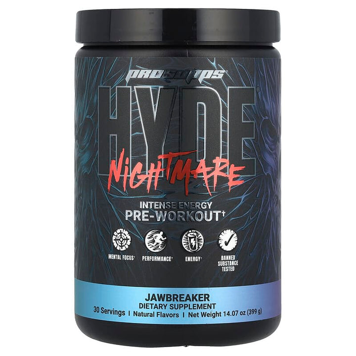 HYDE Nightmare Jawbreaker 399g pre-workout tub with blue accent label and 30 servings