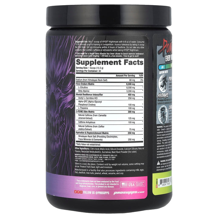 Supplement panel showing 6000mg L-Citrulline, 3200mg Beta-Alanine, and 200mg caffeine per 13.3g scoop