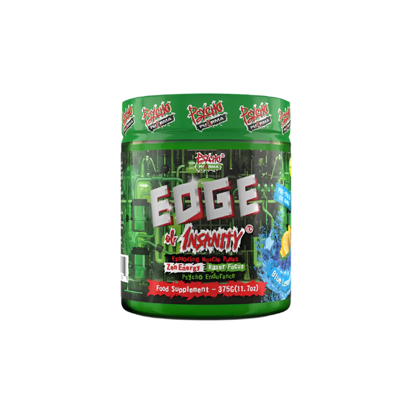 A container of Psycho Pharma Edge of Insanity pre-workout supplement with a colorful label featuring predominantly green and blue colors.