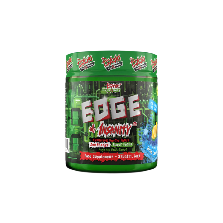 A container of Psycho Pharma Edge of Insanity pre-workout supplement with a colorful label featuring predominantly green and blue colors.