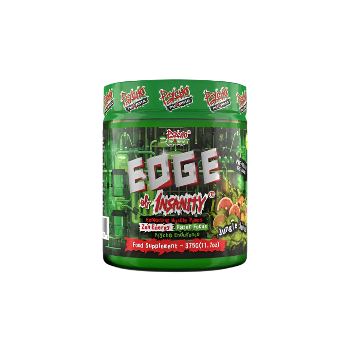 A container of Psycho Pharma Edge of Insanity pre-workout supplement with a colorful label featuring predominantly green and red colors.