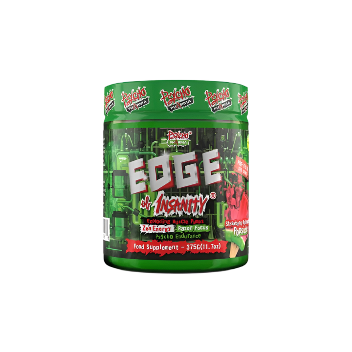 A container of Psycho Pharma Edge of Insanity pre-workout supplement with a colorful label featuring predominantly green and red colors.