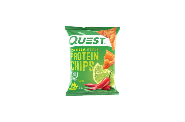 Quest Tortilla Style Protein Chips Chili Lime flavor 32g bag baked high-protein chips made with whey protein isolate and zesty lime