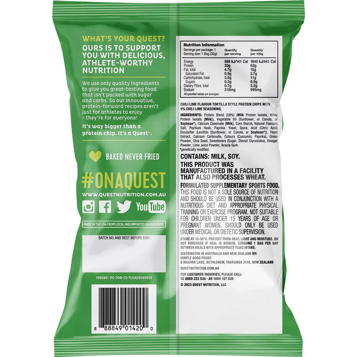 Back of Quest Tortilla Style Protein Chips Chili Lime bag showing nutrition information, ingredients and Quest branding