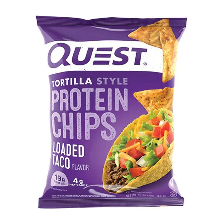 Quest Tortilla Style Protein Chips Loaded Taco flavour 32g bag baked high-protein gluten-free chips with savoury taco seasoning