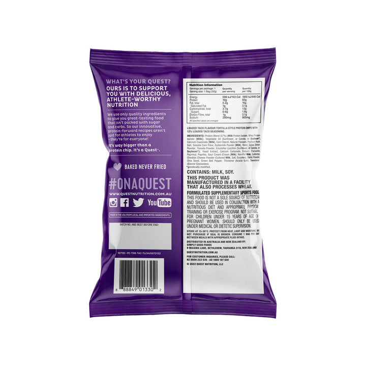 Back of Quest Tortilla Style Protein Chips Loaded Taco bag displaying ingredient list, nutrition facts and dietary information