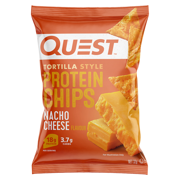 Quest Tortilla Style Protein Chips Nacho Cheese flavour 32g bag baked high-protein chips with cheddar-style flavouring