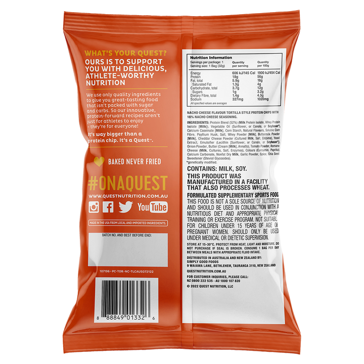 Back of Quest Tortilla Style Protein Chips Nacho Cheese bag showing ingredients, nutritional information and allergy details