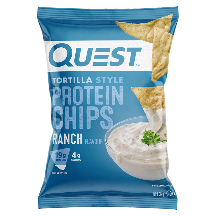 Quest Tortilla Style Protein Chips Ranch flavour 32g bag baked gluten-free high-protein chips with creamy ranch seasoning