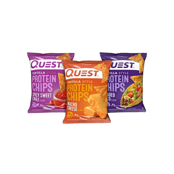 Assorted Quest Tortilla Style Protein Chips bags in flavors Nacho Cheese Loaded Taco and Spicy Sweet Chili arranged together