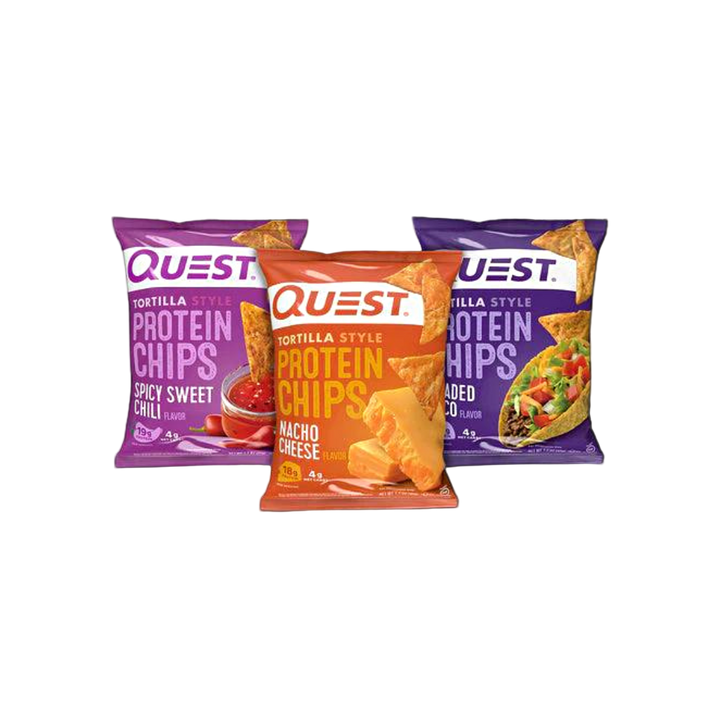Assorted Quest Tortilla Style Protein Chips bags in flavors Nacho Cheese Loaded Taco and Spicy Sweet Chili arranged together
