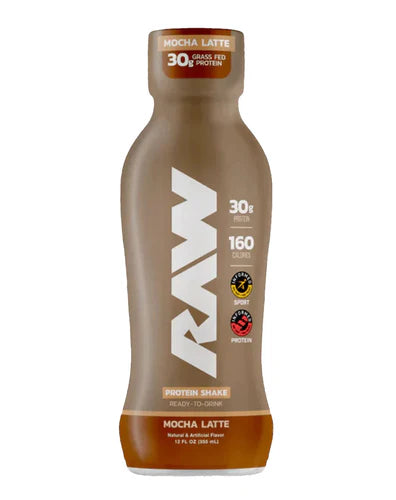 RAW Nutrition CBUM Protein RTD Mocha Latte 355mL brown bottle with white RAW logo and 30g protein label