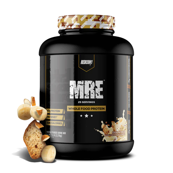 Redcon1 MRE Whole Food Protein powder tub with Banana nut bread splash design on black label showing 25 servings
