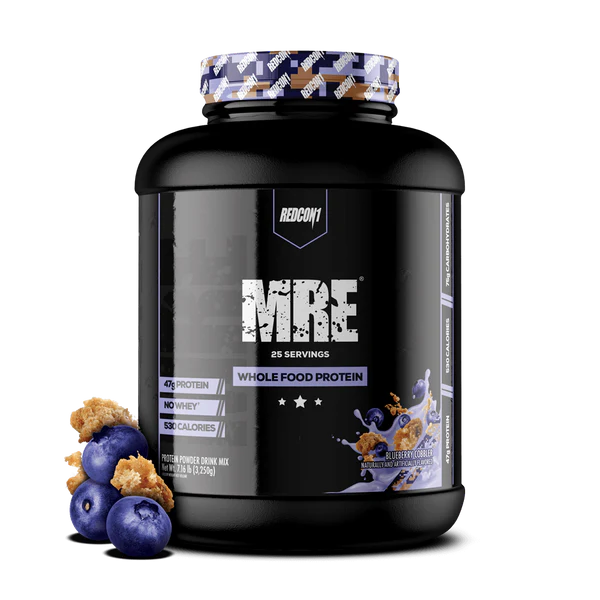 Redcon1 MRE Whole Food Protein powder tub with Blueberry cobbler splash design on black label showing 25 servings