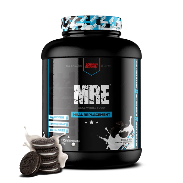 Redcon1 MRE Whole Food Protein powder tub with Cookies and cream splash design on black label showing 25 servings