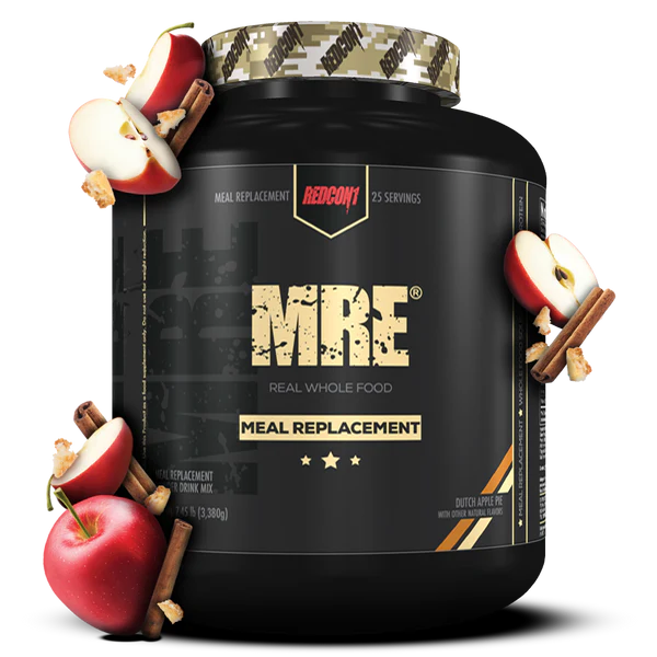 Redcon1 MRE Whole Food Protein powder tub with Apple and cinnamon design on black label showing 25 servings