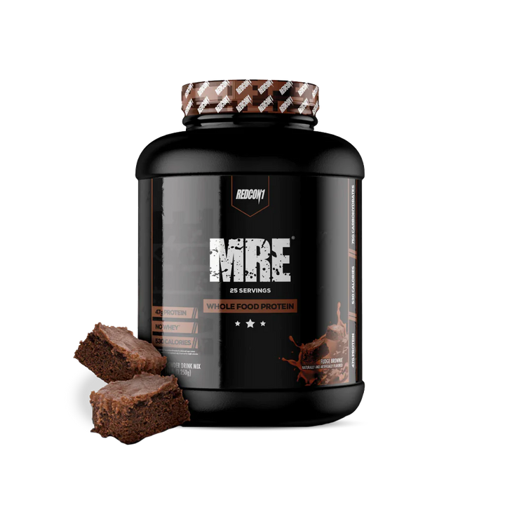 Redcon1 MRE Whole Food Protein powder tub with brownie splash design on black label showing 25 servings