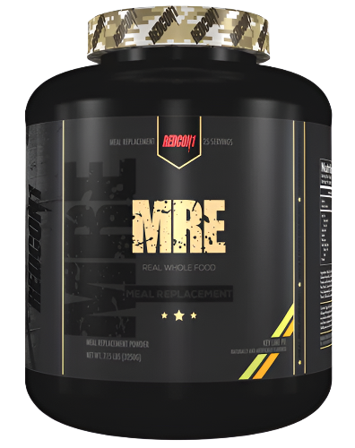 Redcon1 MRE Whole Food Protein powder tub with sleek striped design on black label showing 25 servings