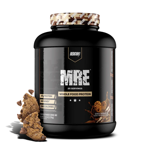 Redcon1 MRE Whole Food Protein powder tub with choc chip cookie splash design on black label showing 25 servings