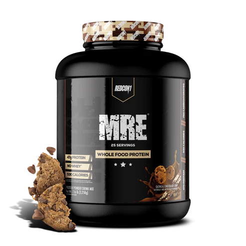 Redcon1 MRE Whole Food Protein powder tub with Oatmeal choc chip splash design on black label showing 25 servings