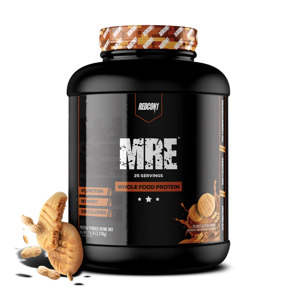 Redcon1 MRE Whole Food Protein powder tub with Peanut butter cookie splash design on black label showing 25 servings