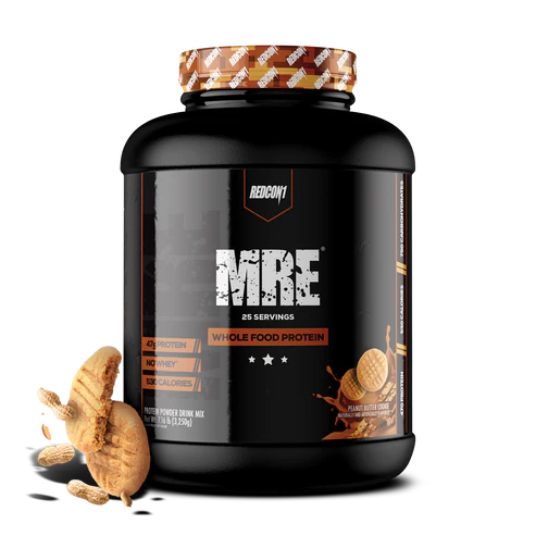 Redcon1 MRE Whole Food Protein powder tub with Peanut Butter cookie splash design on black label showing 25 servings