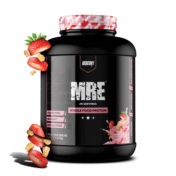Redcon1 MRE Whole Food Protein powder tub with Strawberry splash design on black label showing 25 servings
