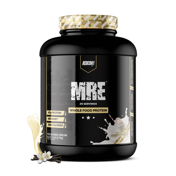 Redcon1 MRE Whole Food Protein powder tub with Vanilla Milkshake splash design on black label showing 25 servings