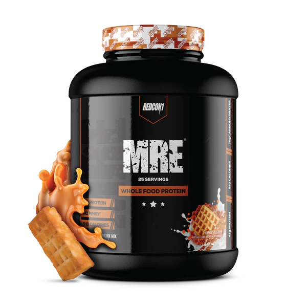 Redcon1 MRE Whole Food Protein powder tub with waffle and syrup splash design on black label showing 25 servings