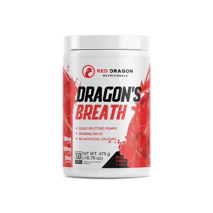Front view of Red Dragon Nutritionals Dragon’s Breath 475g tub in Red Frogs flavour with branding and label
