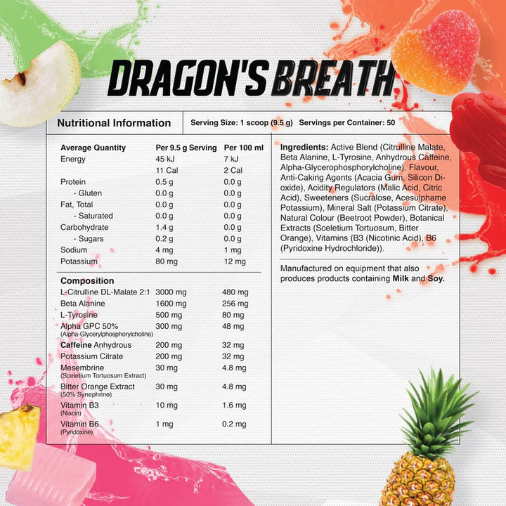 Nutrition information panel for Red Dragon Nutritionals Dragon’s Breath pre-workout Red Frogs flavour