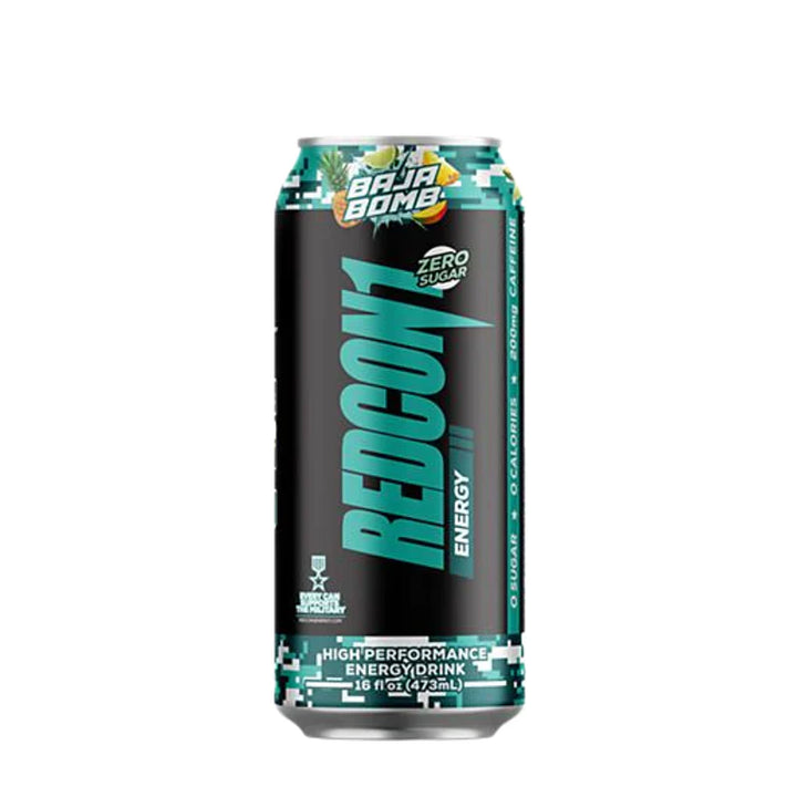 Redcon1 Energy RTD Baja Bomb 473mL black and teal can with pineapple and citrus design