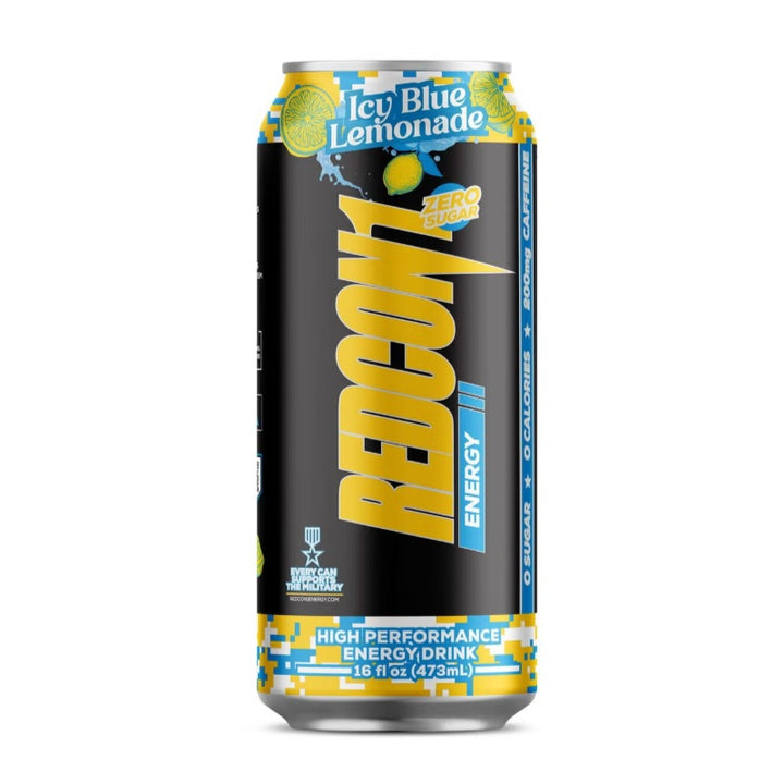 Redcon1 Energy RTD Icy Blue Lemonade 473mL can with yellow and blue design and lemon graphics
