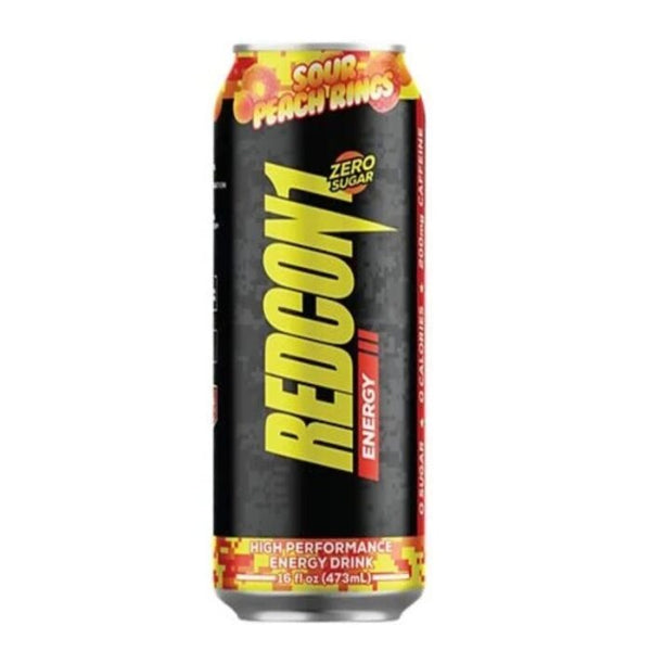 Redcon1 Energy RTD Sour Peach Rings 473mL black and yellow can with peach ring candy design