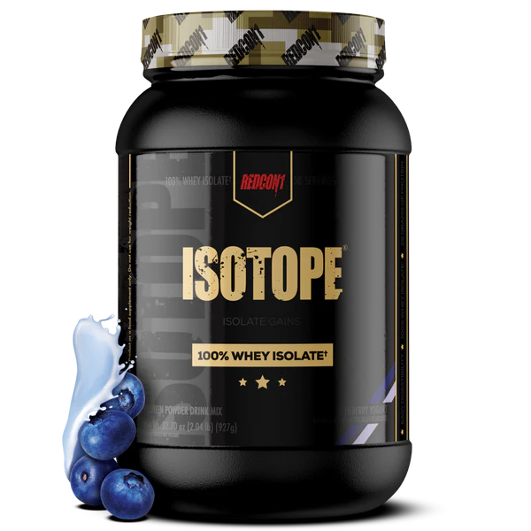 Redcon1 Isotope 100% Whey Protein Isolate Blueberry Yoghurt flavour tub showing 30 servings and key nutrition details on black label