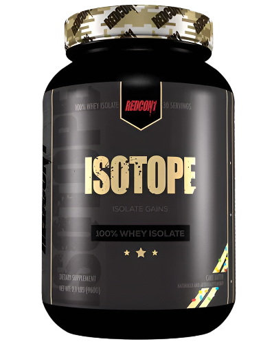 Redcon1 Isotope 100% Whey Protein Isolate cake batter flavour tub showing 30 servings and key nutrition details on black label