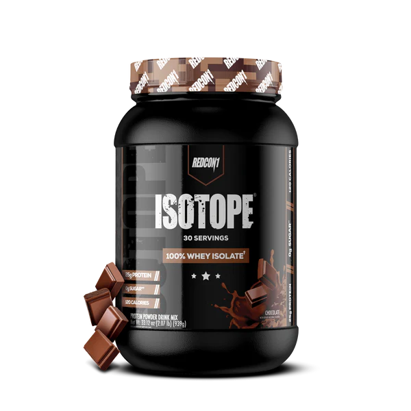 Redcon1 Isotope 100% Whey Protein Isolate chocolate flavour tub showing 30 servings and key nutrition details on black label