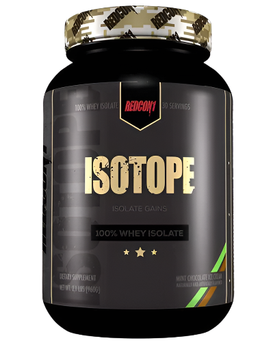 Redcon1 Isotope 100% Whey Protein Isolate Mint chocolate flavour tub showing 30 servings and key nutrition details on black label