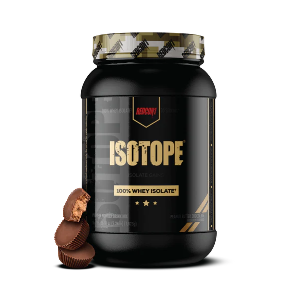 Redcon1 Isotope 100% Whey Protein Isolate Peanut butter chocolate flavour tub showing 30 servings and key nutrition details on black label